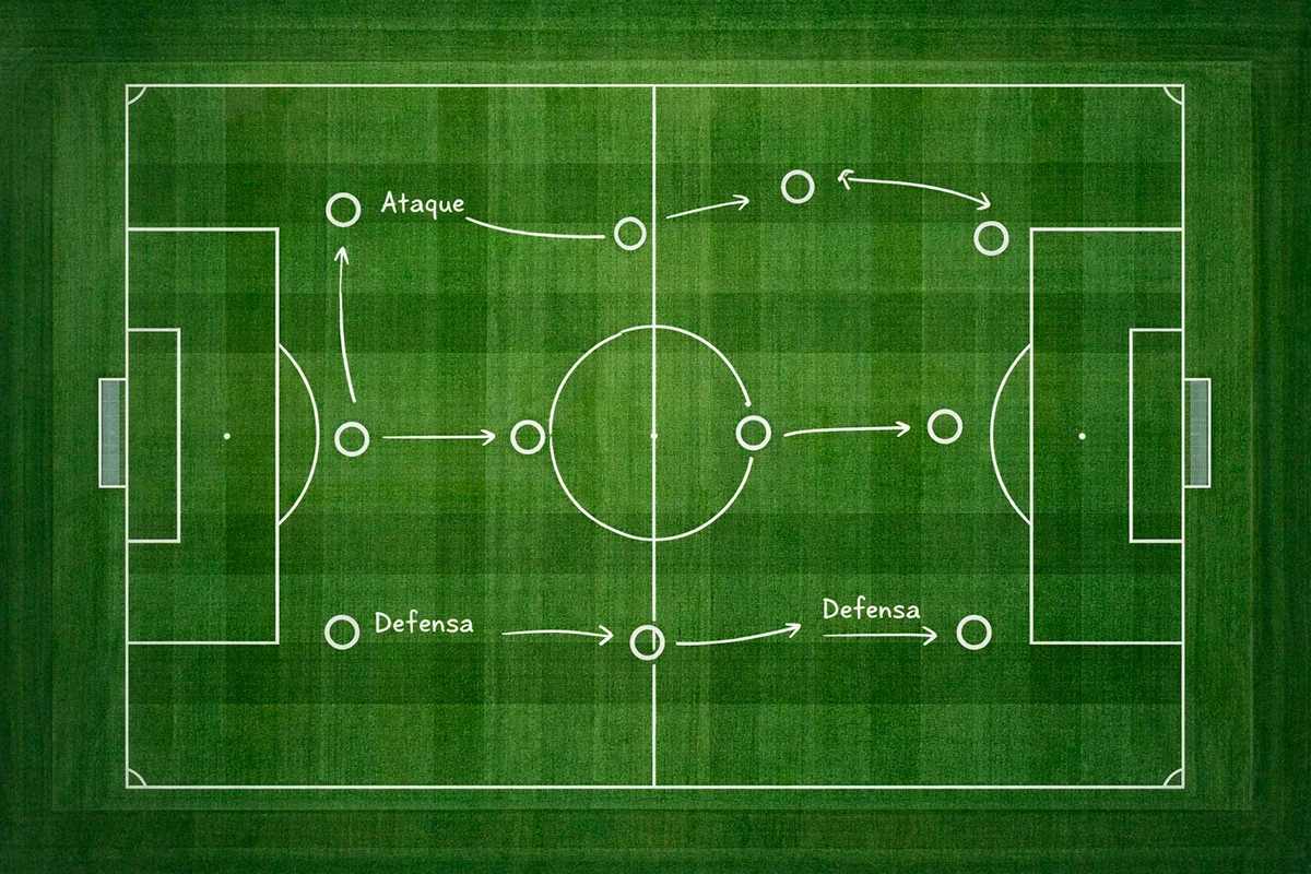 Vista aérea de un campo de fútbol con líneas tácticas dibujadas sobre el césped verde