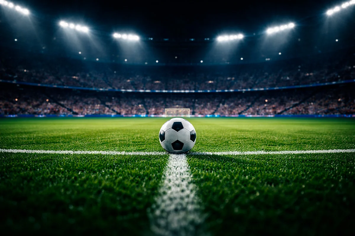 Balón de fútbol sobre el césped de un estadio europeo iluminado de noche con focos brillantes
