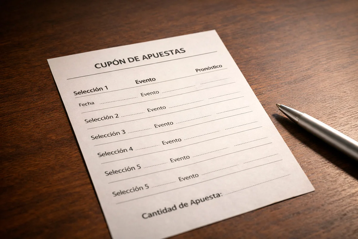 Boleto de apuestas con múltiples selecciones de fútbol sobre una mesa de madera