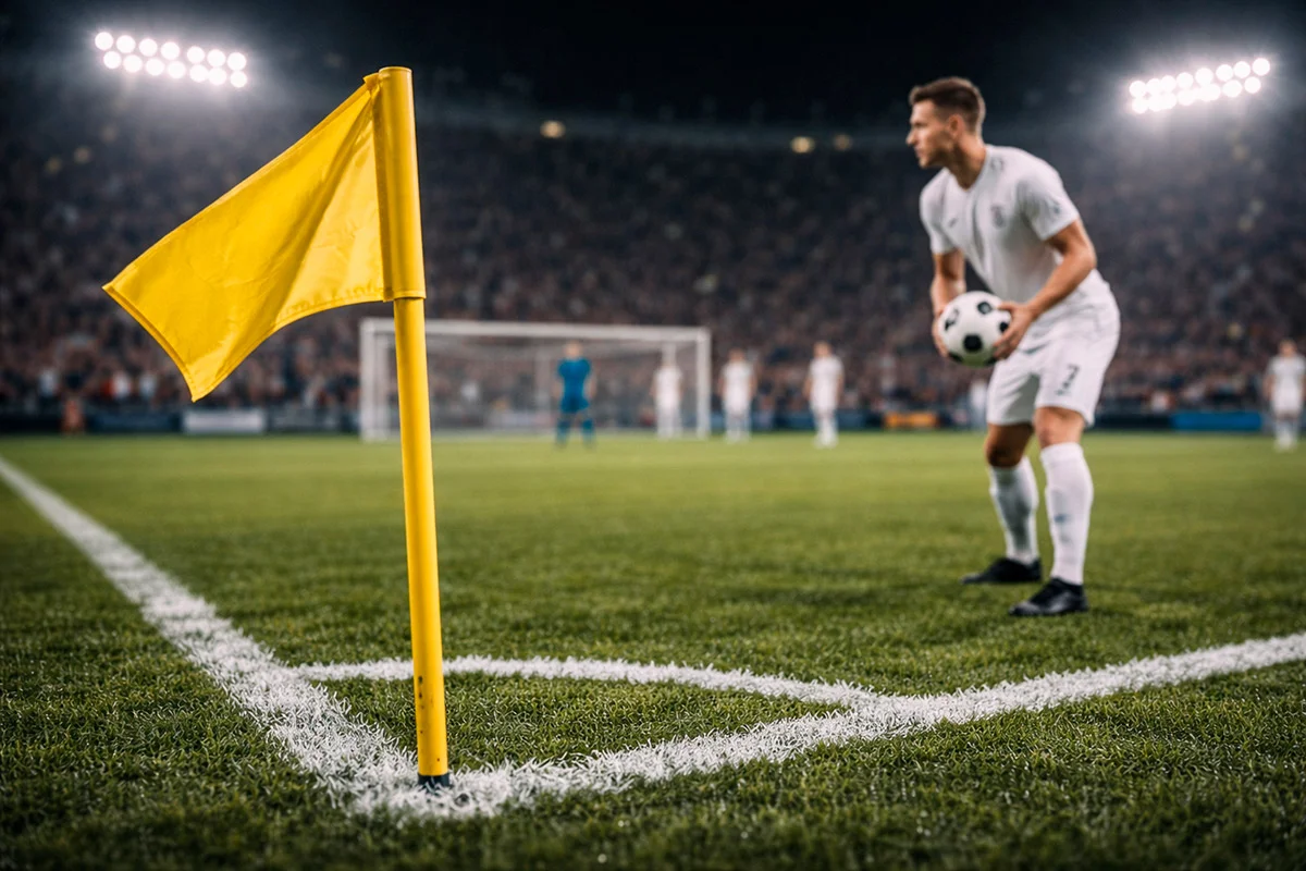 Jugador de fútbol lanzando un saque de esquina con la banderilla del córner en primer plano