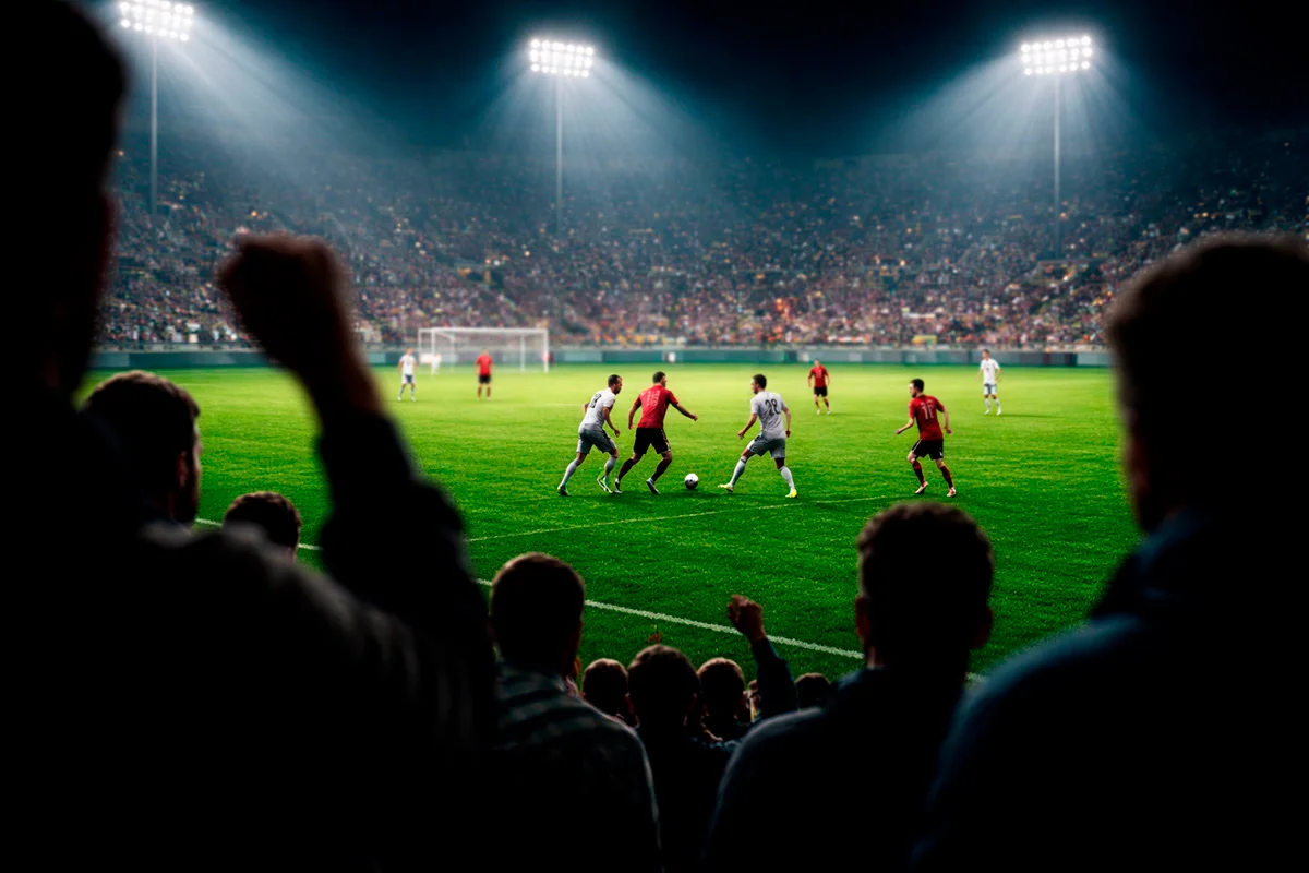 Aficionado siguiendo un partido de fútbol en directo desde la grada de un estadio