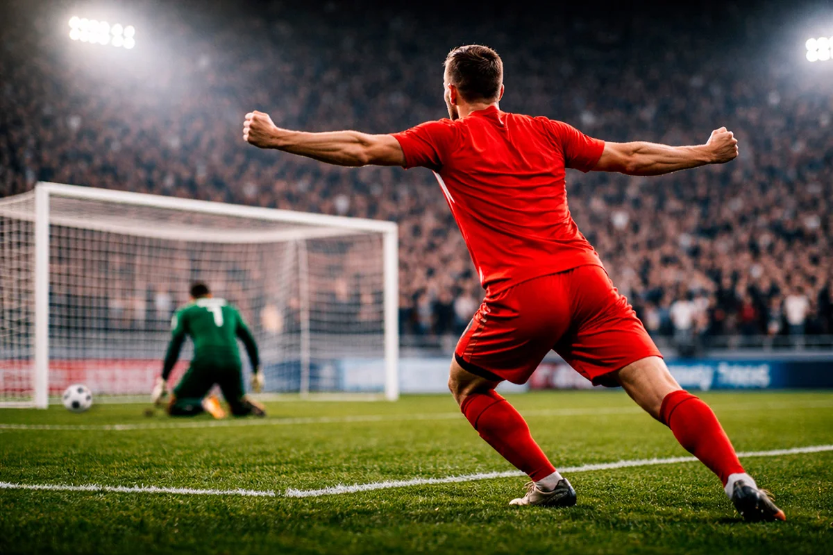 Delantero de fútbol celebrando un gol con los brazos abiertos frente a la grada