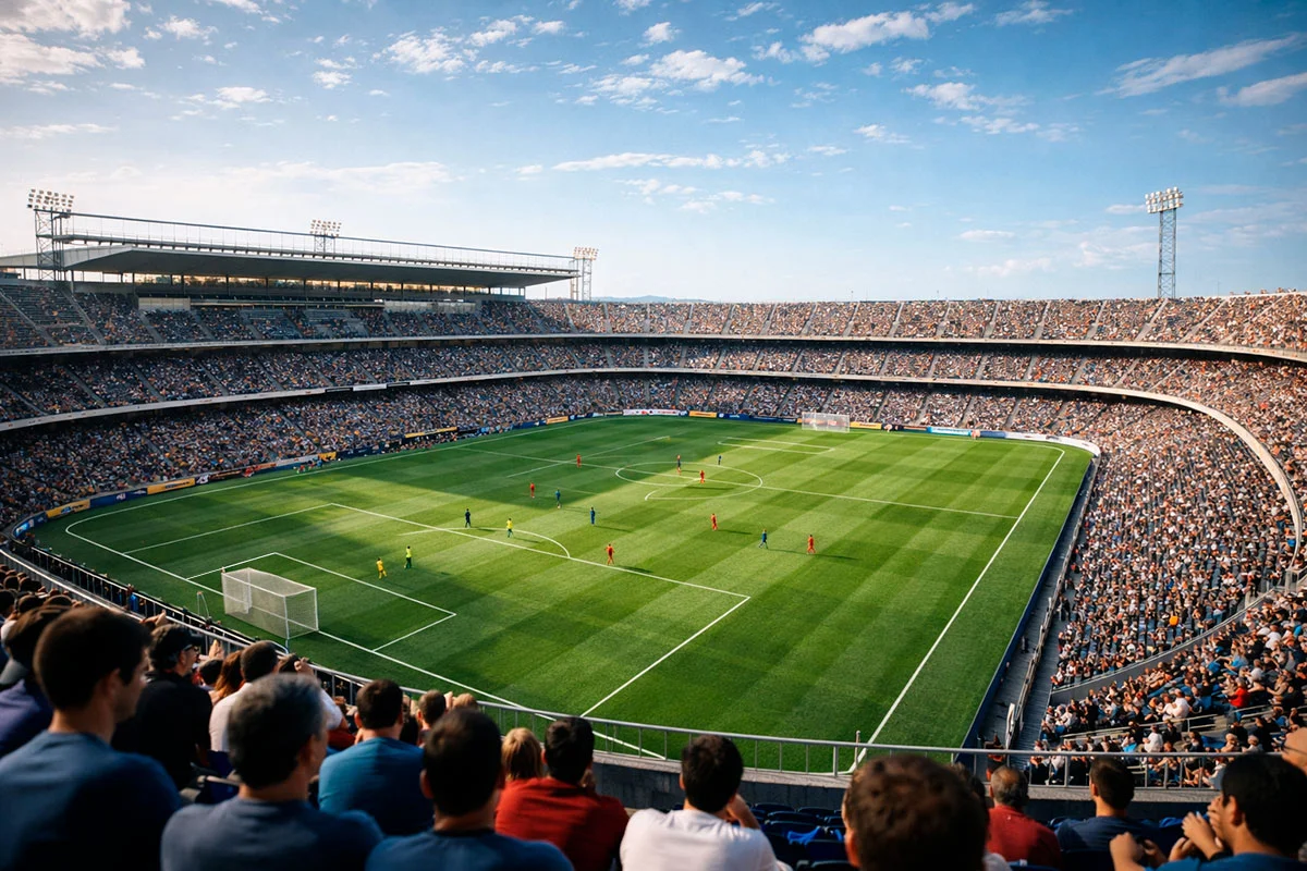 Estadio de fútbol español con césped verde brillante visto desde la grada alta bajo un cielo azul