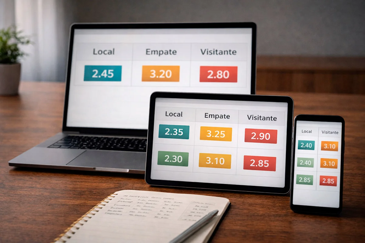 Varias pantallas de dispositivos mostrando diferentes cuotas de apuestas para el mismo partido de fútbol