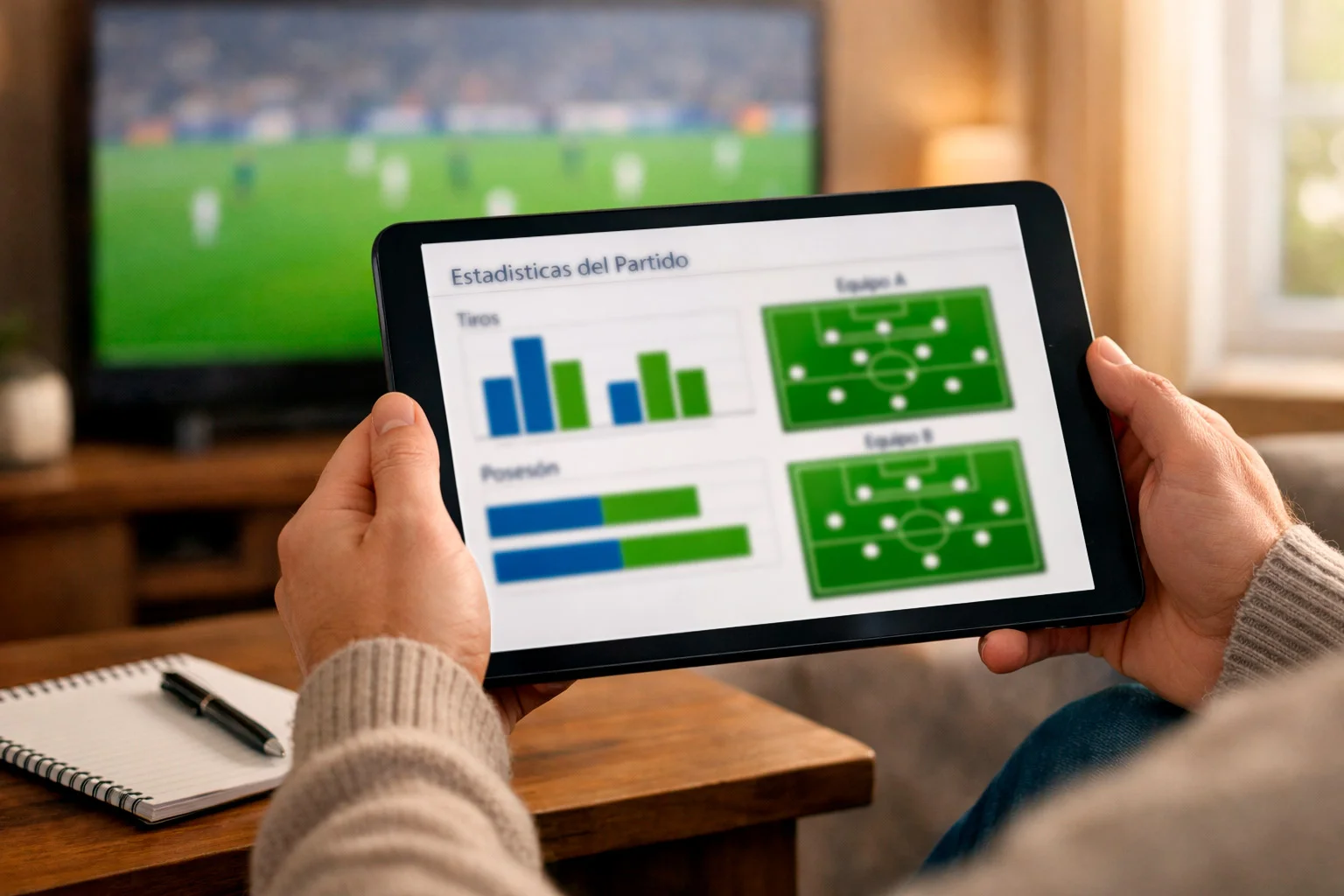 Persona analizando estadísticas de fútbol en una tablet con un partido de fondo