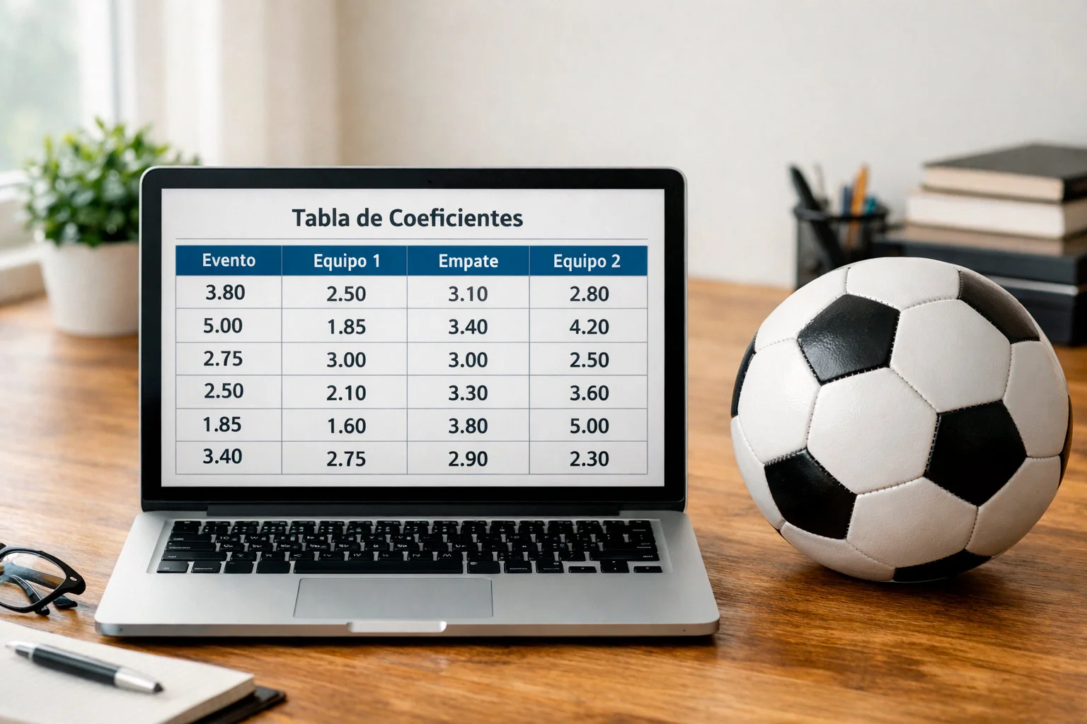 Pantalla mostrando cuotas decimales de apuestas con un balón de fútbol profesional