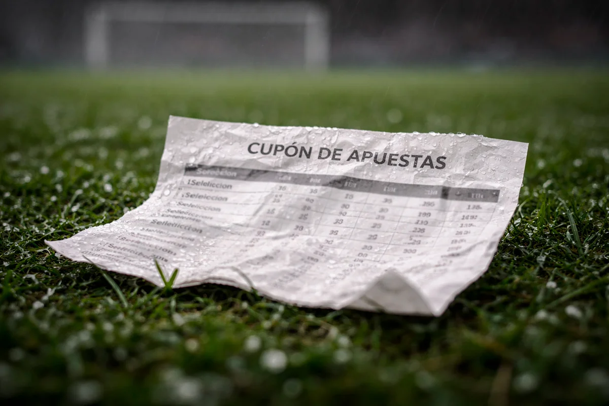 Boleto de apuesta arrugado sobre el césped de un campo de fútbol bajo la lluvia