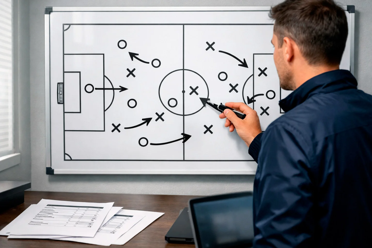 Analista deportivo estudiando formaciones tácticas de equipos en una pizarra