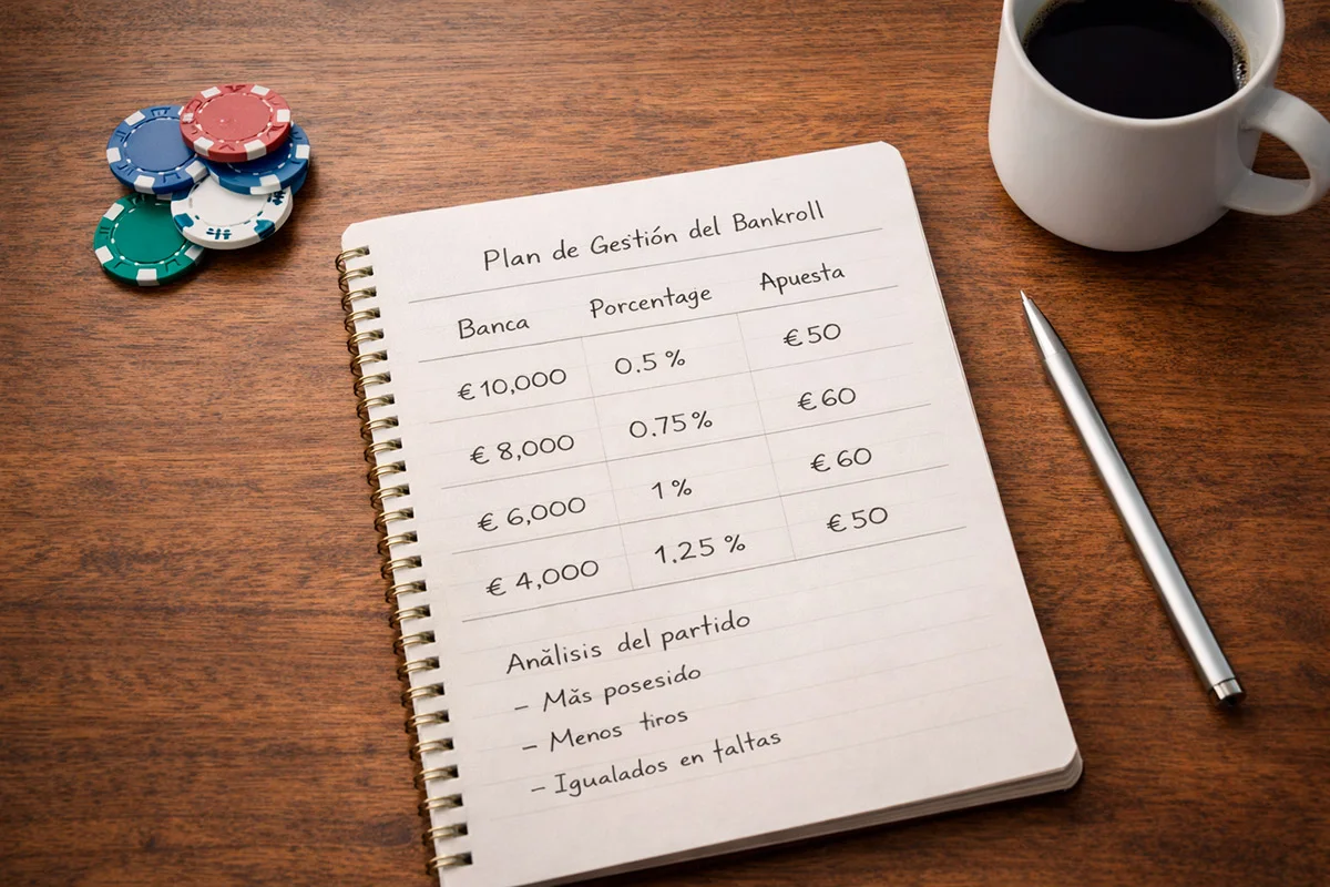 Cuaderno abierto con un plan de gestión de bankroll junto a fichas de colores sobre una mesa de madera