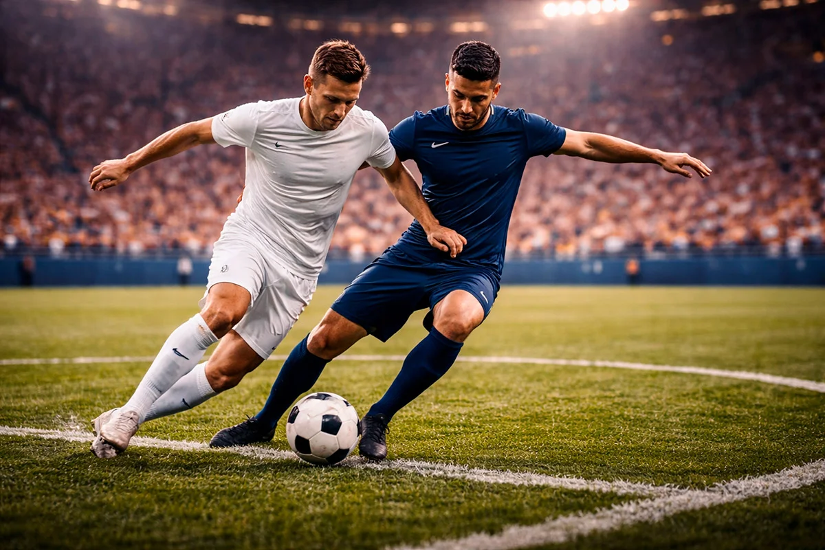 Dos equipos de fútbol disputando un balón dividido en el centro del campo bajo focos