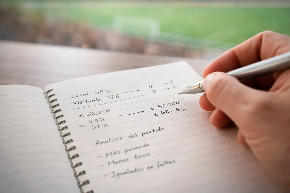 Mano de un apostador sosteniendo un bolígrafo sobre un cuaderno con cálculos de apuestas junto a un campo de fútbol