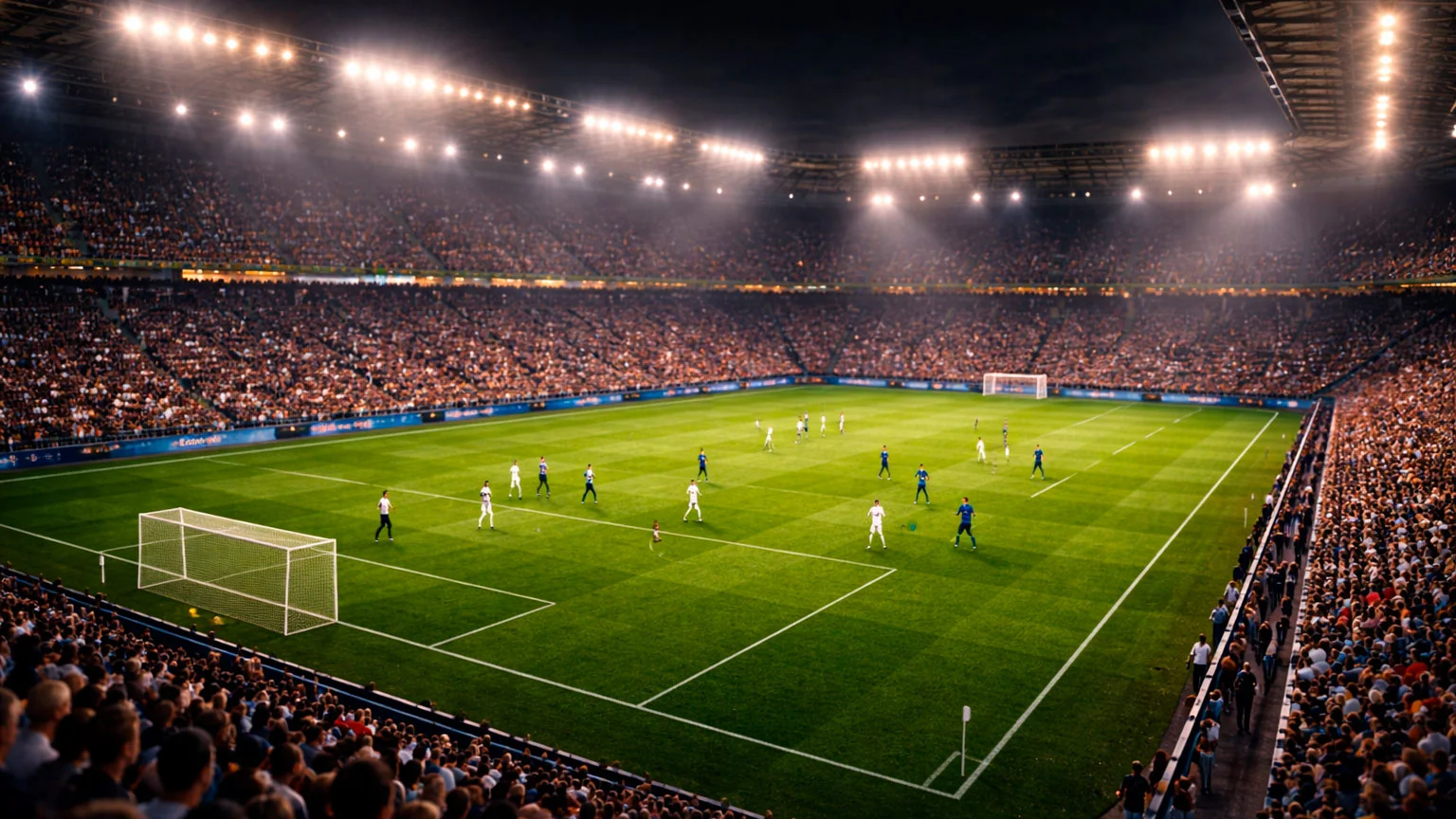 Estadio de fútbol iluminado durante un partido nocturno con aficionados en las gradas