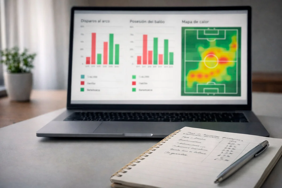 Pantalla de ordenador mostrando gráficos y estadísticas de fútbol con un cuaderno de notas al lado