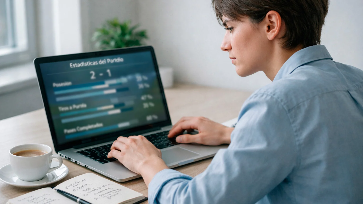 Persona concentrada analizando datos de partidos de fútbol en pantalla