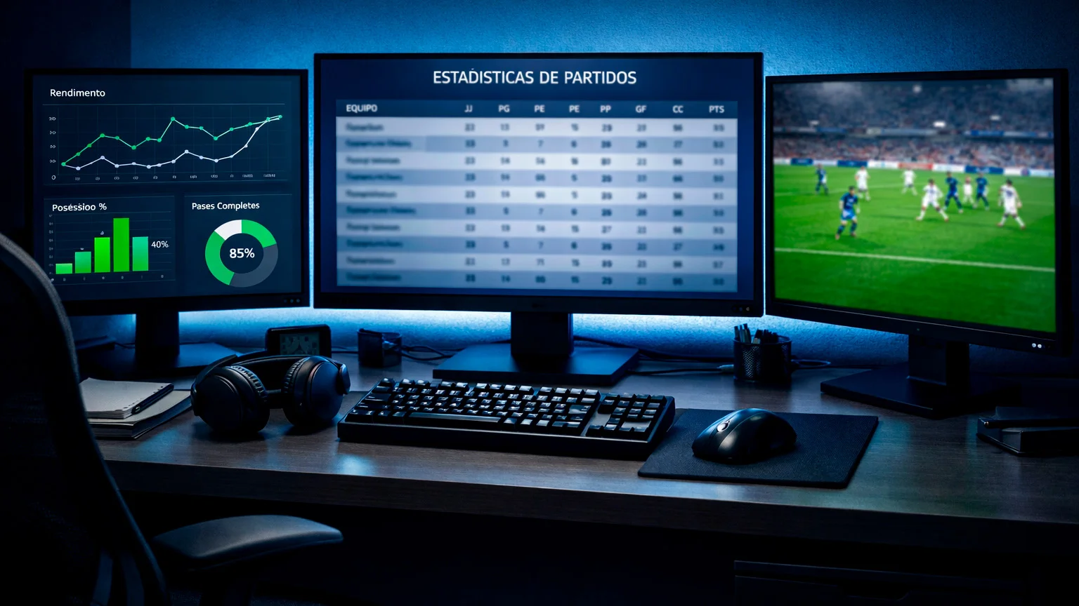 Configuración de trabajo con múltiples pantallas mostrando datos deportivos