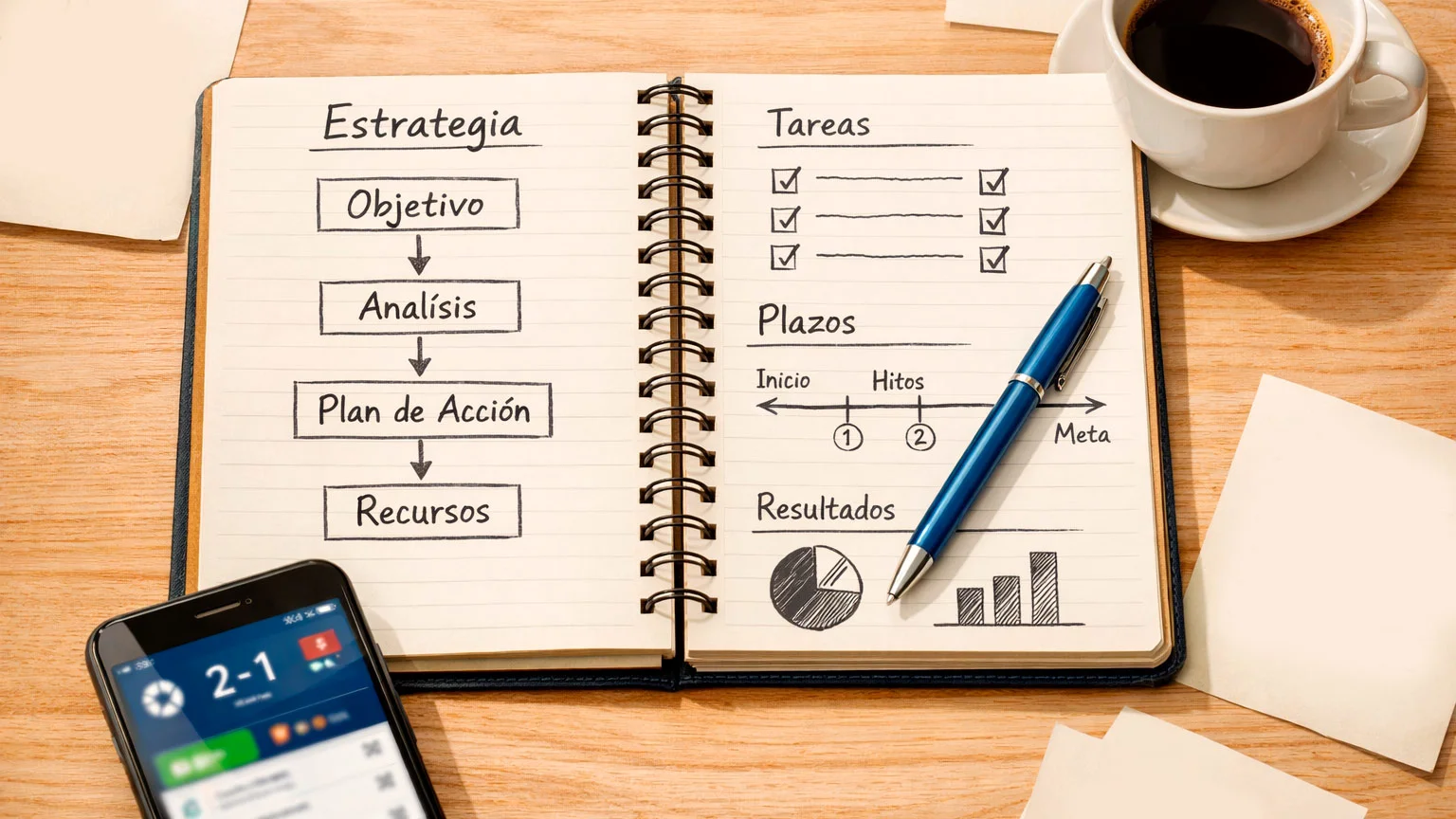 Libreta con plan estratégico y notas de análisis deportivo