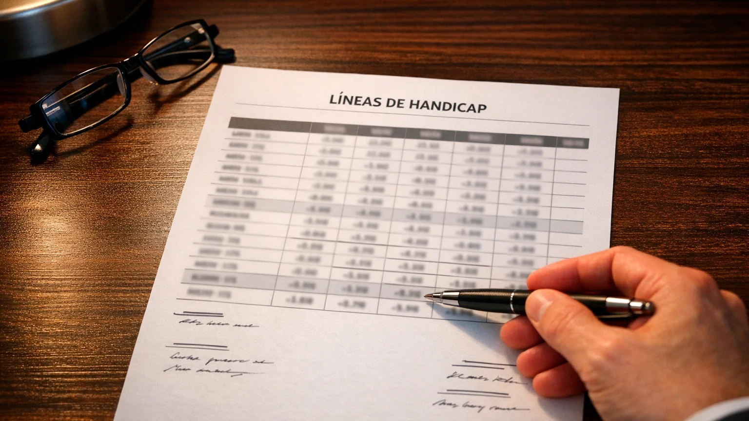 Documento con tabla de líneas de hándicap y anotaciones
