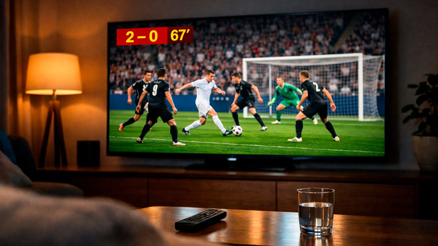 Partido de fútbol profesional con marcador visible en pantalla