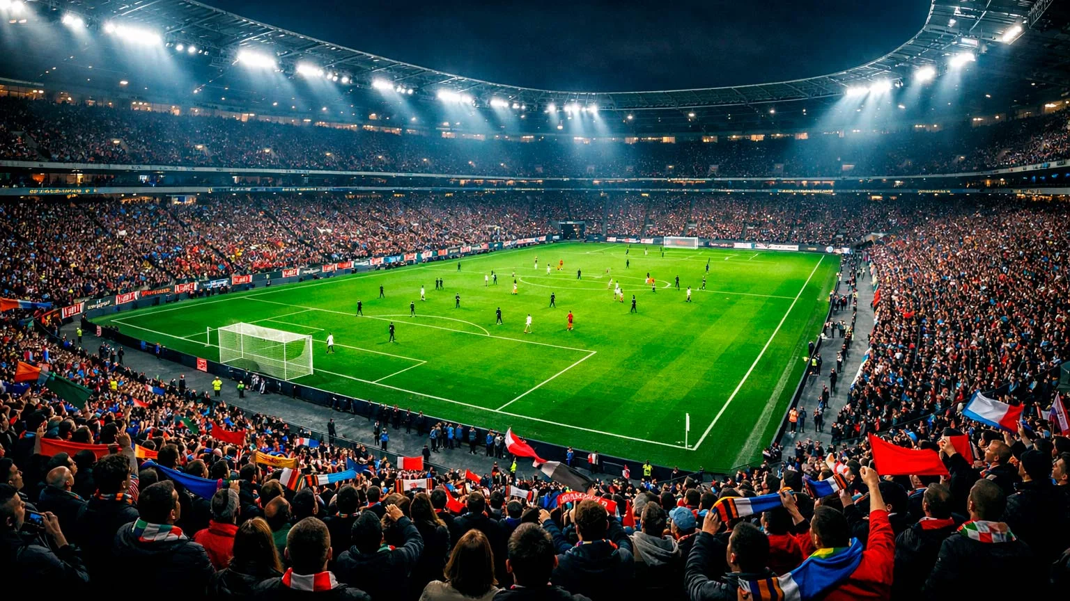 Estadio de fútbol europeo con aficionados en las gradas