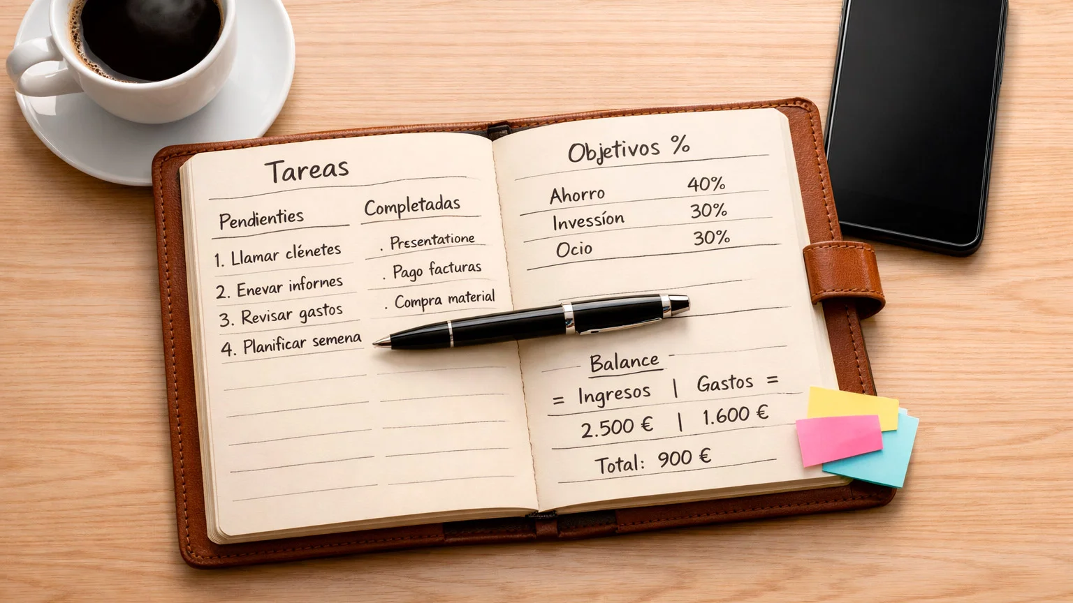 Libreta abierta con anotaciones de presupuesto y planificación