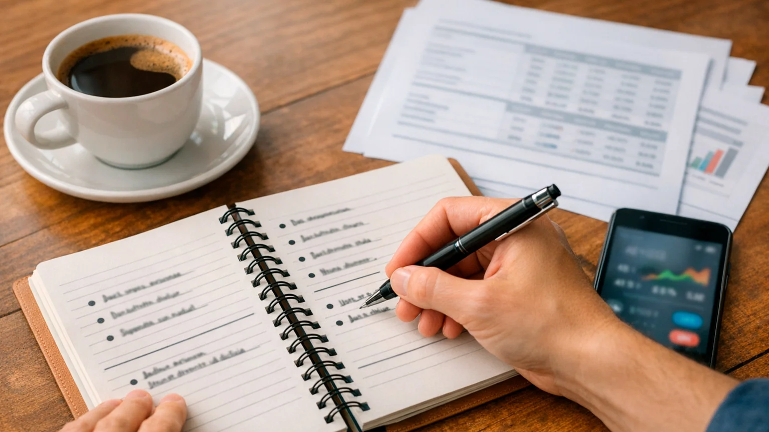 Persona escribiendo notas de análisis deportivo en cuaderno