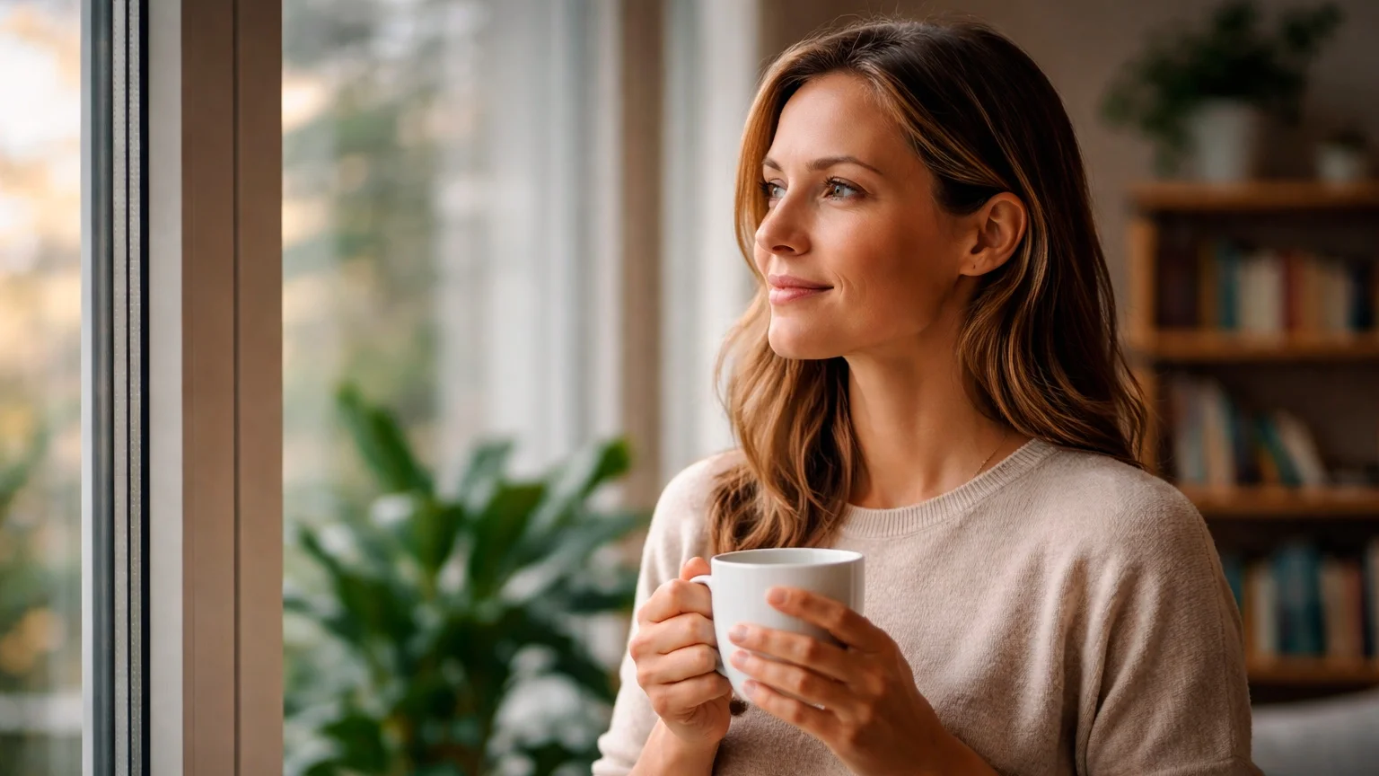 Persona reflexiva mirando por ventana con expresión serena