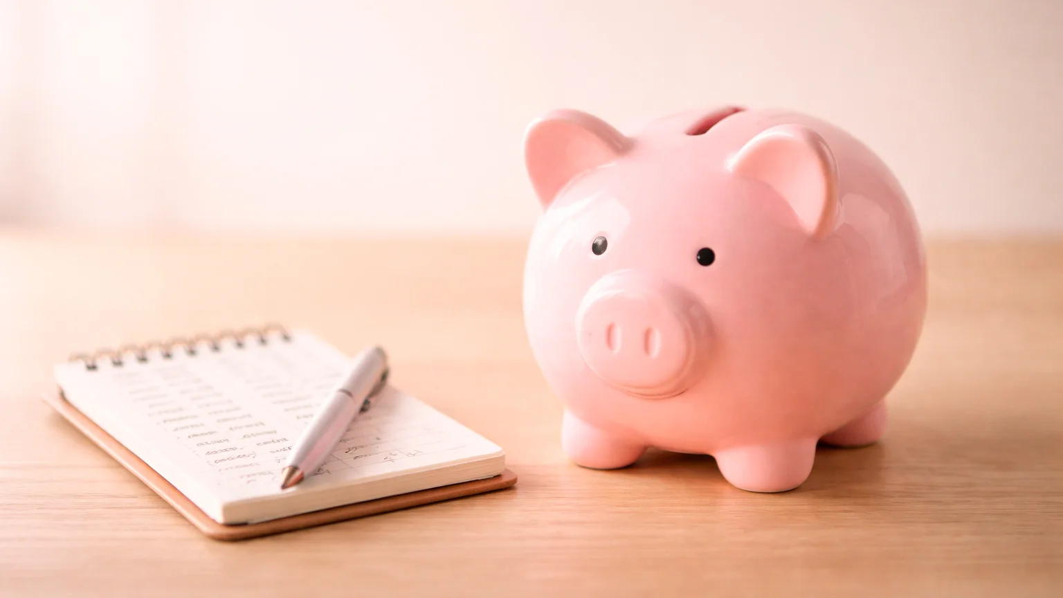 Hucha con forma de cerdito junto a libreta de anotaciones