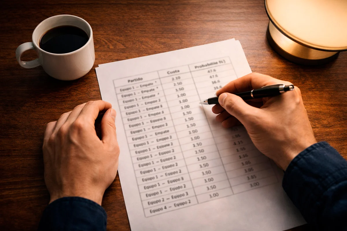 Persona analizando cuotas de apuestas deportivas en un documento sobre una mesa