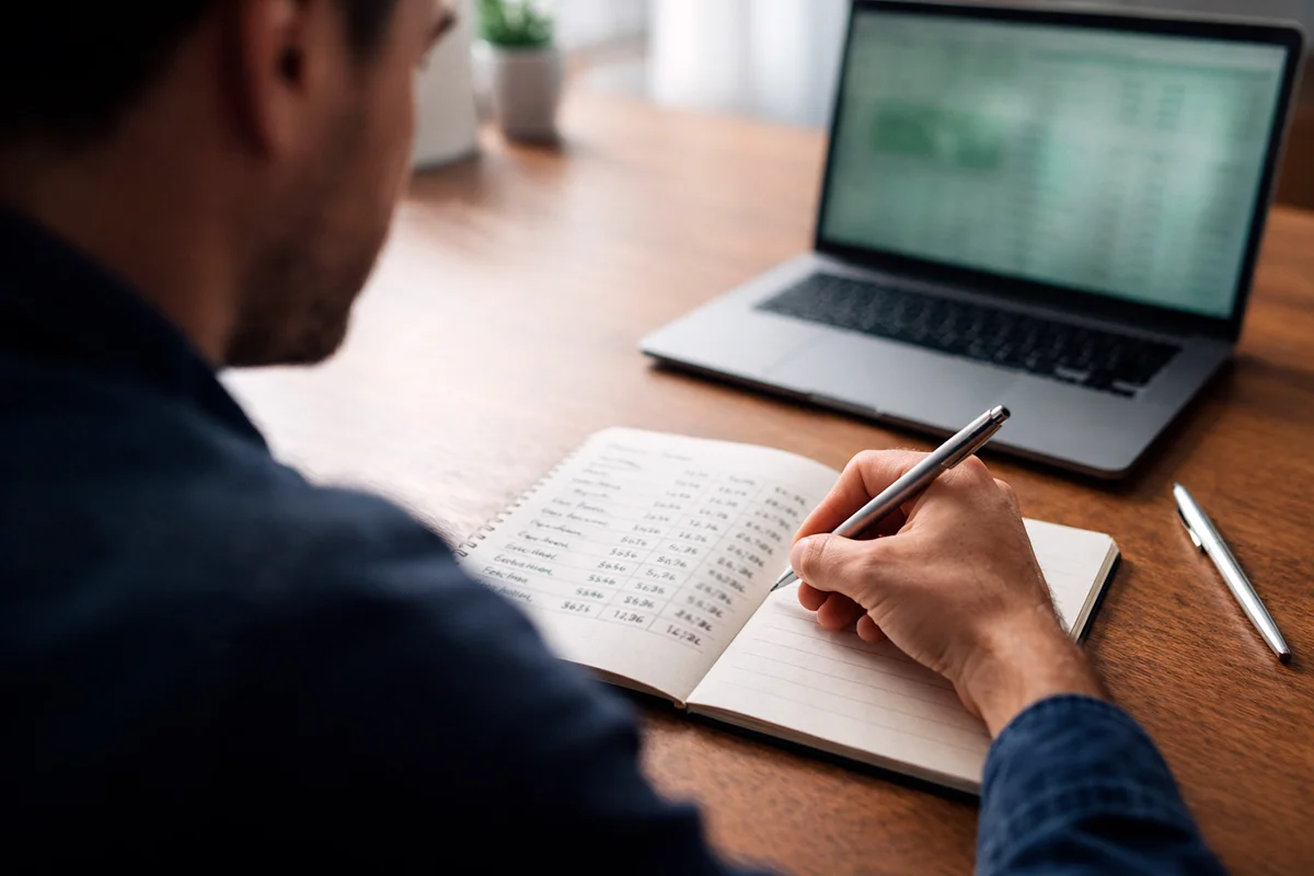 Persona tomando notas frente a una pantalla de ordenador con datos de apuestas deportivas