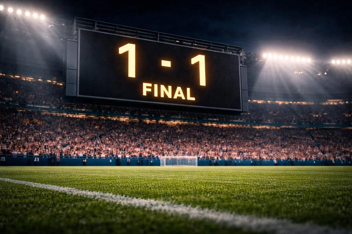 Marcador de un estadio de fútbol mostrando el resultado de un partido bajo los focos nocturnos