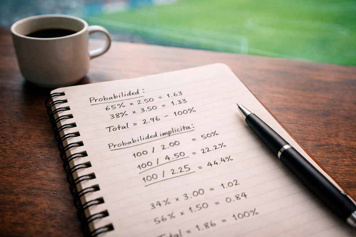 Libreta con cálculos de probabilidades junto a un campo de fútbol desenfocado
