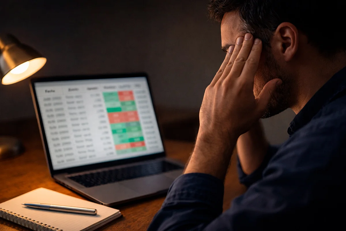 Persona pensativa frente a una pantalla con datos deportivos, con las manos en la cabeza en actitud reflexiva