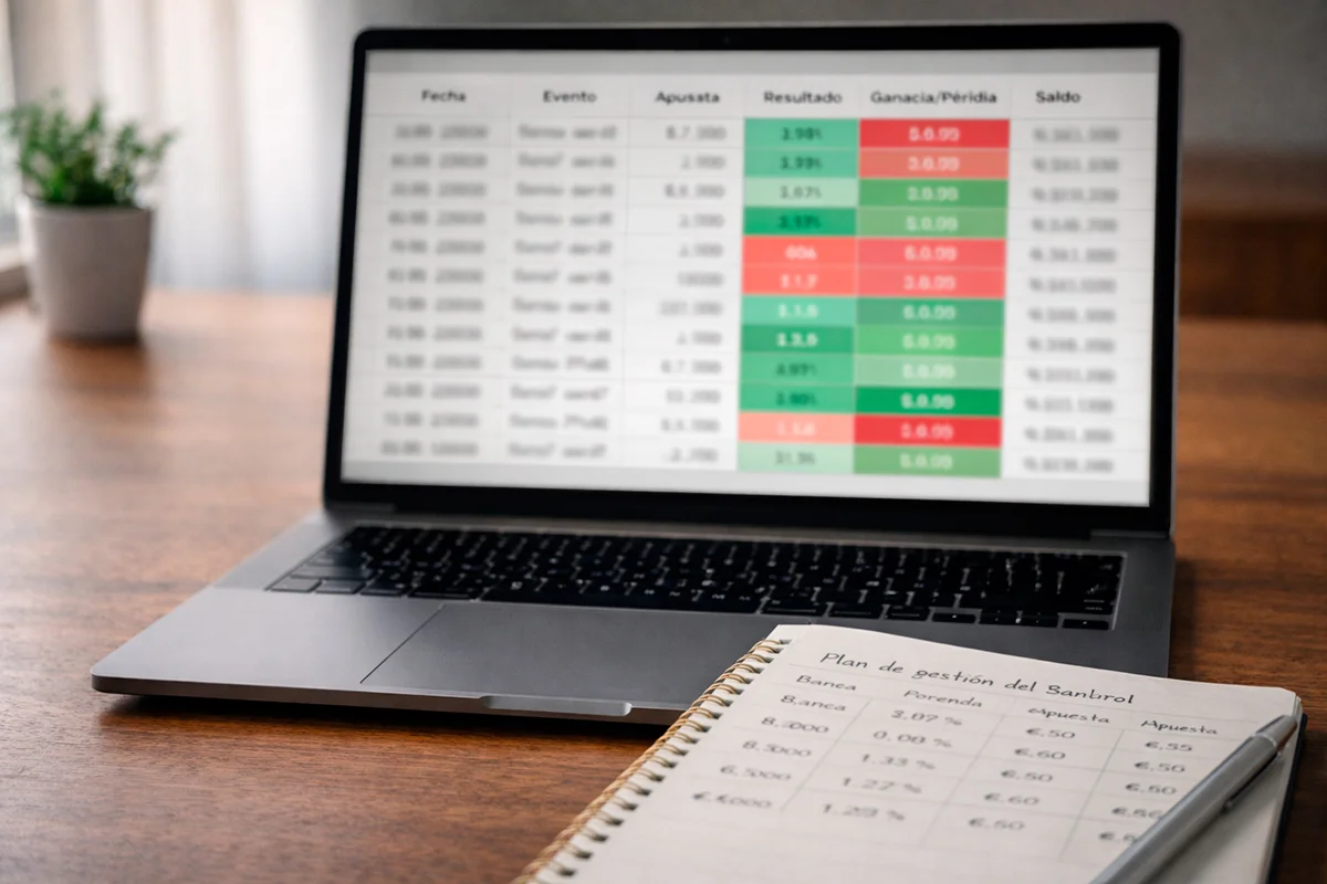 Hoja de cálculo con registros de apuestas deportivas abierta en una pantalla de portátil sobre un escritorio ordenado