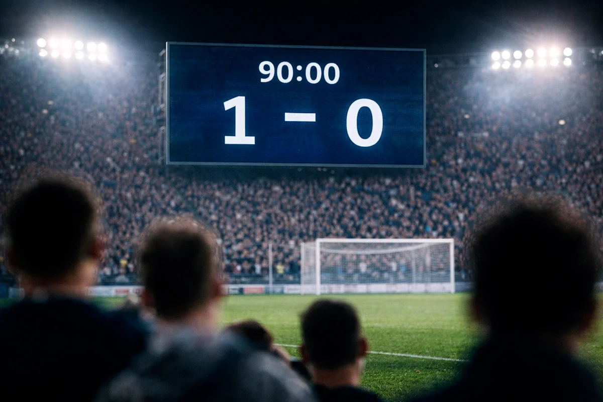 Pantalla de un estadio de fútbol mostrando un marcador con resultado exacto