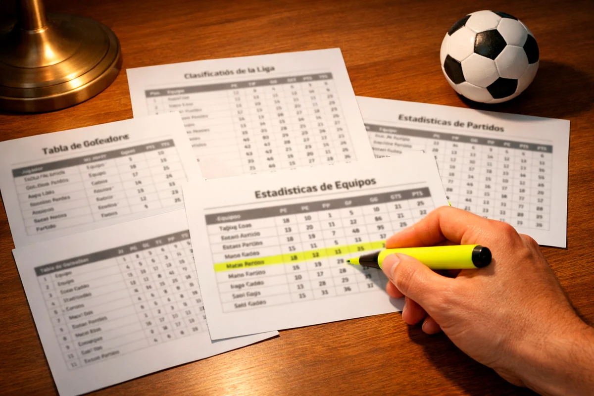 Analista deportivo estudiando datos de fútbol en un escritorio con estadísticas impresas